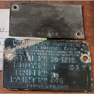 1939 Chevrolet Chevy Data Plates 4 dr